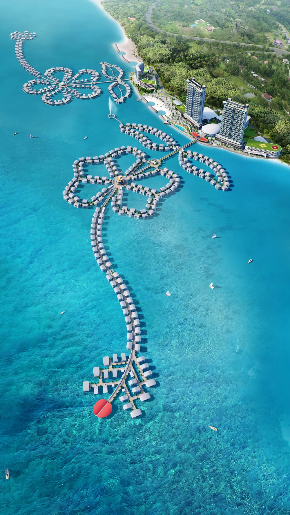 Aerial view of the Lexis Hibiscus 2 hibiscus-shaped overwater development, Port Dickson